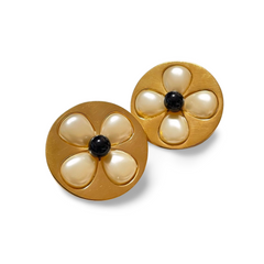 Vintage CHANEL round jumbo earrings with faux pearl petal flower, clover motifs. Very chic and mod jewelry. 061126ac2
