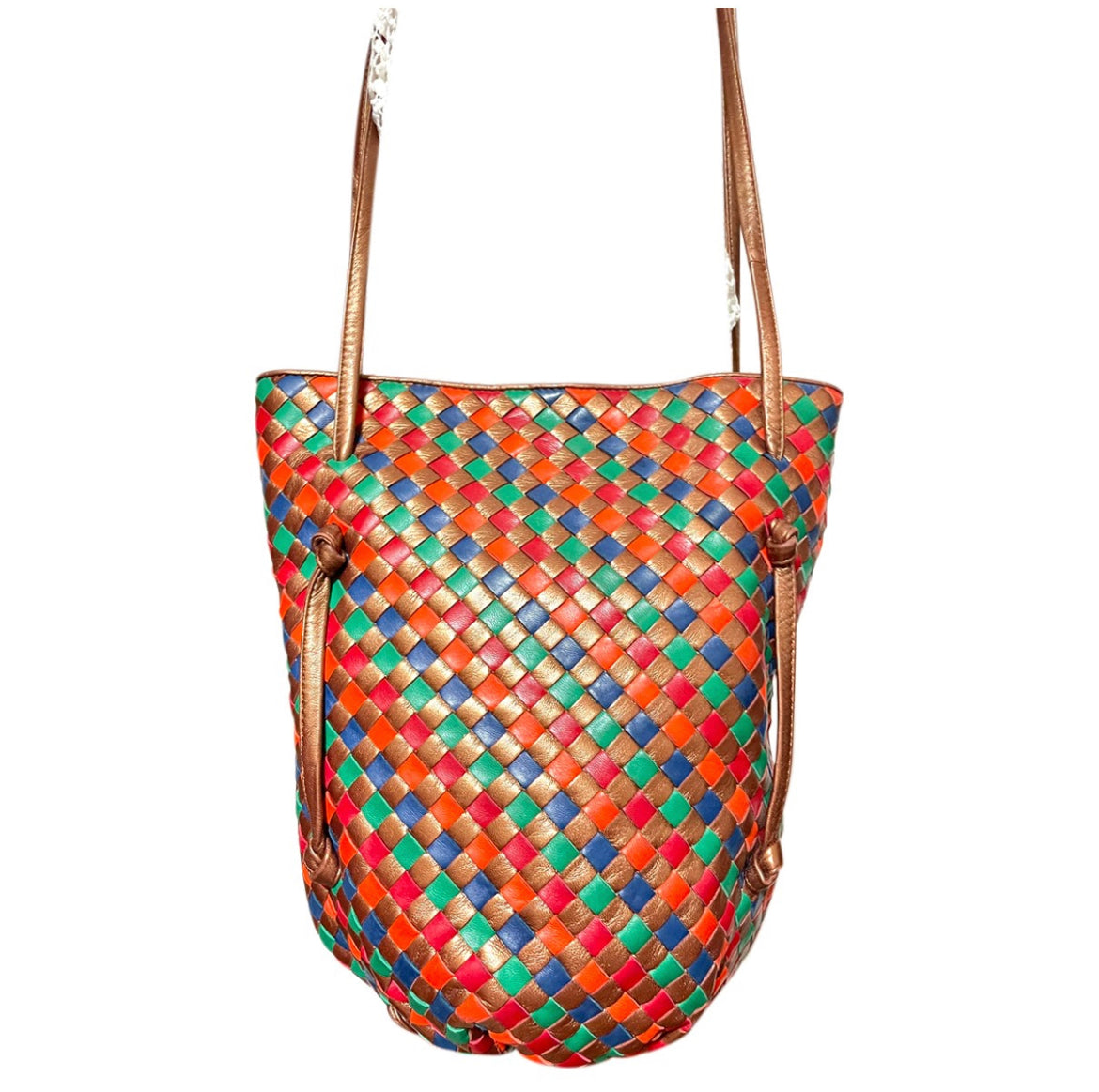 Vintage Bottega Venetia bronze and multicolor intrecciato shoulder bag, hobo bucket bag with kisslock closure pocket. 050809y