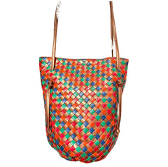 Vintage Bottega Venetia bronze and multicolor intrecciato shoulder bag, hobo bucket bag with kisslock closure pocket. 050809y