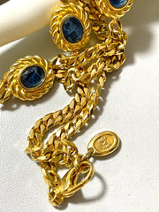 Vintage Celine gold chain long necklace with triomphe charms and blue stones. Can be bracelet. Beautiful statement jewelry. 050817ys1