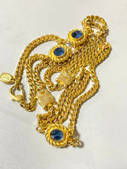 Vintage Celine gold chain long necklace with triomphe charms and blue stones. Can be bracelet. Beautiful statement jewelry. 050817ys1