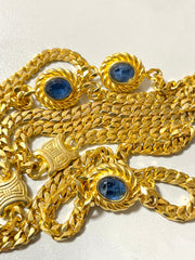 Vintage Celine gold chain long necklace with triomphe charms and blue stones. Can be bracelet. Beautiful statement jewelry. 050817ys1