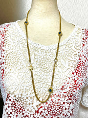 Vintage Celine gold chain long necklace with triomphe charms and blue stones. Can be bracelet. Beautiful statement jewelry. 050817ys1