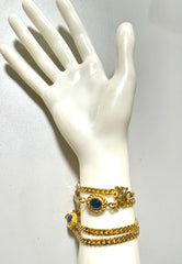 Vintage Celine gold chain long necklace with triomphe charms and blue stones. Can be bracelet. Beautiful statement jewelry. 050817ys1