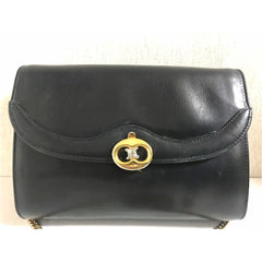 Vintage CELINE genuine black leather shoulder bag with gold and silver tone triomphe logo motif at front. Rare Celine leather bag.