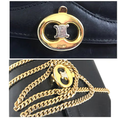 Vintage CELINE genuine black leather shoulder bag with gold and silver tone triomphe logo motif at front. Rare Celine leather bag.
