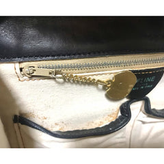 Vintage CELINE genuine black leather shoulder bag with gold and silver tone triomphe logo motif at front. Rare Celine leather bag.