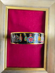 Vintage Hermes cloisonne enamel golden bangle with black and colorful perfume bottle design. Great gift idea. 050510ra3