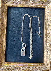 Vintage HERMES silver chain necklace with padlock key charm. Classic 925 silver jewelry piece from Hermes. 050601ya1