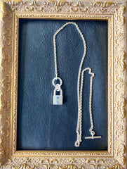 Vintage HERMES silver chain necklace with padlock key charm. Classic 925 silver jewelry piece from Hermes. 050601ya1