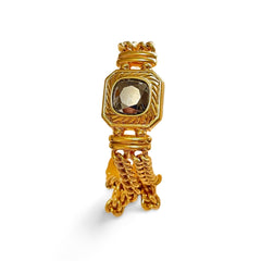 Vintage Lanvin double golden chain bracelet with gunmetallic glass stone. Made in Germany. 060326ac