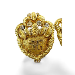 Vintage Sonia Rykiel golden dangle earrings with emblem design and logo. Rhinestone crystals. 050923ya