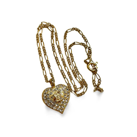 Vintage CELINE golden heart and logo with crystal pendant top skinny chain necklace. Perfect jewelry piece for any occasion. 060416ac3