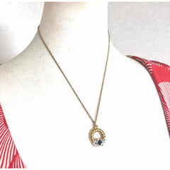 Vintage LANVIN golden skinny chain necklace with golden round pendant top. Clear crystals and green glass stone. Perfect gift. 050407r4