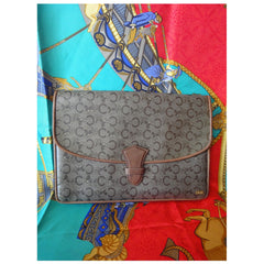 Vintage CELINE brown beige classic C logo and carriage pattern clutch bag, mini document case with leather trimmings. 050320r15