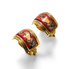 Vintage Hermes golden cloisonne enamel earrings with hand holding a flower and pink design. Must have ceramic jewelry. 060227ac2