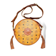 Vintage MCM brown monogram round shape Suzy Wong shoulder bag with leather trimmings. Designed by Michael Cromer. 06521ac2