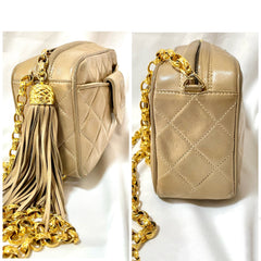 Vintage Chanel tanned beige lambskin camera bag style chain shoulder bag with fringe and CC stitch mark on pentagon flap. 051205ac3