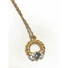 Vintage LANVIN golden skinny chain necklace with golden round pendant top. Clear crystals and green glass stone. Perfect gift. 050407r4