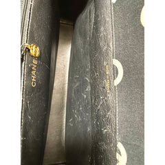 Vintage CHANEL black fabric canvas large tote bag with white Chanel CC logo print all over. Daily use bag. 060123ac13