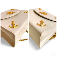 Vintage BALLY ivory white leather shoulder bag with chains and gold tone shell, ruddle, pearl, anchor motifs. 060310ya2