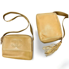 Vintage CHANEL beige lamb leather camera bag style chain shoulder purse with gold tone chain strap and fringe. CC stitch mark. 060123ac4