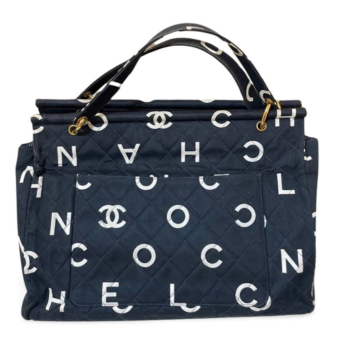 Vintage CHANEL black fabric canvas large tote bag with white Chanel CC logo print all over. Daily use bag. 060123ac13