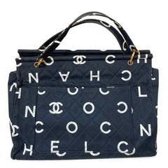 Vintage CHANEL black fabric canvas large tote bag with white Chanel CC logo print all over. Daily use bag. 060123ac13