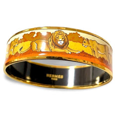Vintage Hermes cloisonne enamel golden bangle with lion couple design. Classic Hermes GM bracelet. 051101ya