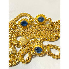 Vintage Celine gold chain long necklace with triomphe charms and blue stones. Can be bracelet. Beautiful statement jewelry. 050817ys1