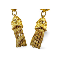 Vintage Sonia Rykiel golden dangle earrings with emblem design and logo. Rhinestone crystals. 050923ya