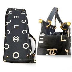 Vintage CHANEL black fabric canvas large tote bag with white Chanel CC logo print all over. Daily use bag. 060123ac13