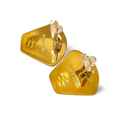 Vintage Hermes cloisonne golden earrings with colorful white, blue, green, orange perfume bottle design in wine. Fan shape. 060402ac