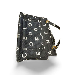 Vintage CHANEL black fabric canvas large tote bag with white Chanel CC logo print all over. Daily use bag. 060123ac13