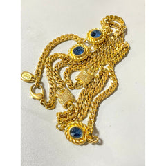 Vintage Celine gold chain long necklace with triomphe charms and blue stones. Can be bracelet. Beautiful statement jewelry. 050817ys1