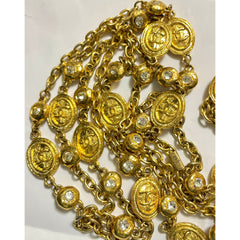 Vintage CHANEL chain and crystal glass necklace with medal CC mark charms. Can wear in double and triple. 0411211
