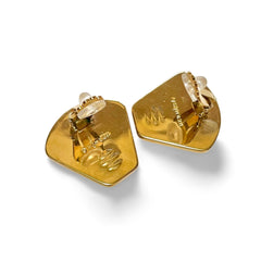 Vintage Hermes cloisonne enamel golden earrings with star and flower design on blue. Fan shape. 06402ac2