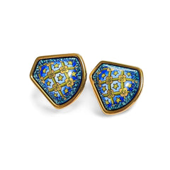 Vintage Hermes cloisonne enamel golden earrings with star and flower design on blue. Fan shape. 06402ac2