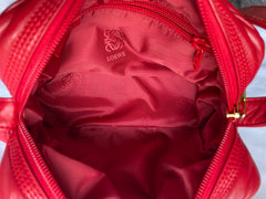 Vintage LOEWE red genuine ostrich and nappa leather bag style shoulder bag with metal logo motif. Rare masterpiece. 050531yc2