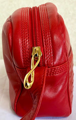 Vintage LOEWE red genuine ostrich and nappa leather bag style shoulder bag with metal logo motif. Rare masterpiece. 050531yc2