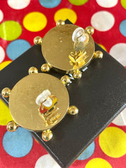 Vintage CHANEL large round earrings with black and golden CC mark. Sun design. 050630ac