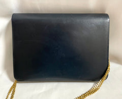 Vintage Christian Dior navy leather clutch purse, mini bag with golden motif and chain strap. 050327rc5