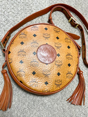 Vintage MCM brown monogram round Suzy Wong shoulder bag with brown leather trimmings. Designed by Michael Cromer. Unisex. 050715ya1