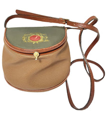 Vintage Bottega Veneta brown and khaki fisherman style shoulder bag with gold embroidery and red motif. No 585 of limited edition. 050409ya