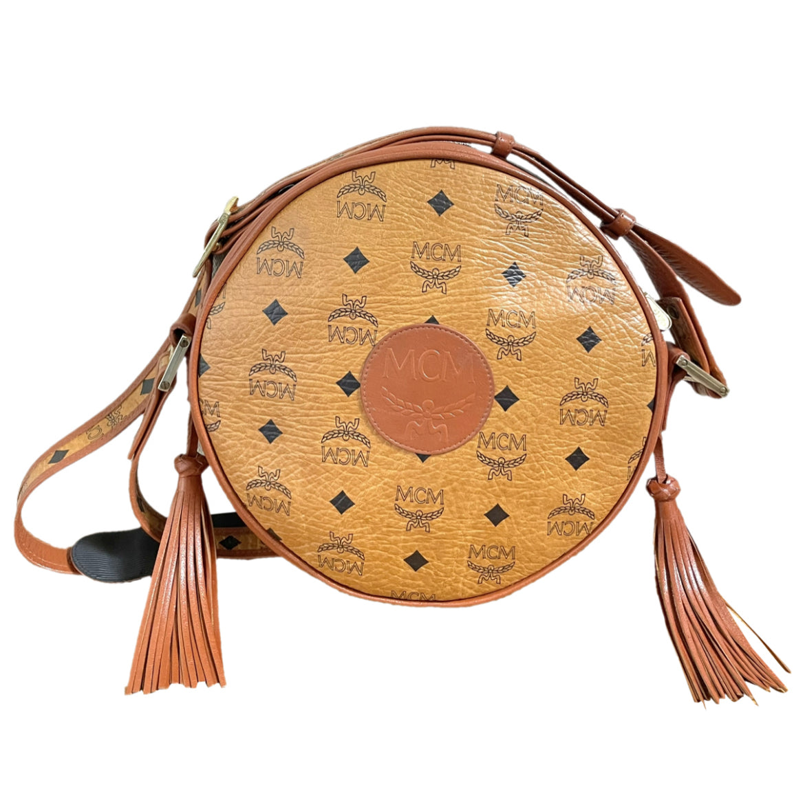 Vintage MCM brown monogram round Suzy Wong shoulder bag with brown leather trimmings. Designed by Michael Cromer. Unisex. 050715ya1