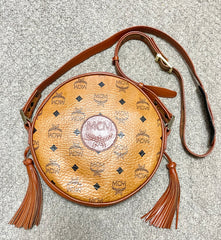 Vintage MCM brown monogram round Suzy Wong shoulder bag with brown leather trimmings. Designed by Michael Cromer. Unisex. 050715ya1