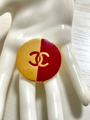Vintage CHANEL red and gold round CC brooch. Hat, scarf, jacket. Great gift. 050619ya