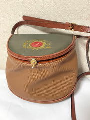 Vintage Bottega Veneta brown and khaki fisherman style shoulder bag with gold embroidery and red motif. No 585 of limited edition. 050409ya