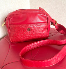Vintage LOEWE genuine ostrich leather camera bag style shoulder purse with logo motif. Rare masterpiece. 050531yc1