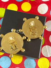 Vintage CHANEL large round earrings with black and golden CC mark. Sun design. 050630ac